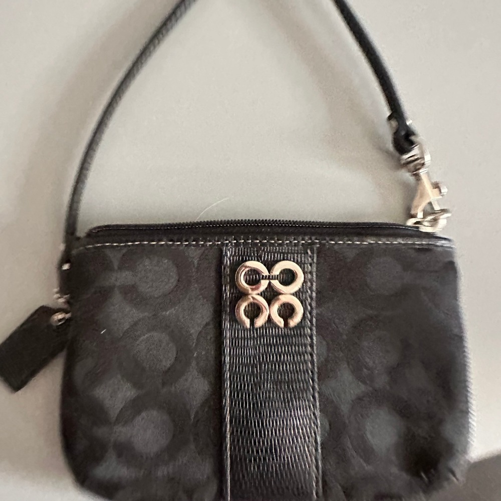 Coach Black Signature Jacquard Wristlet with Lizard Embossed Leather Trim